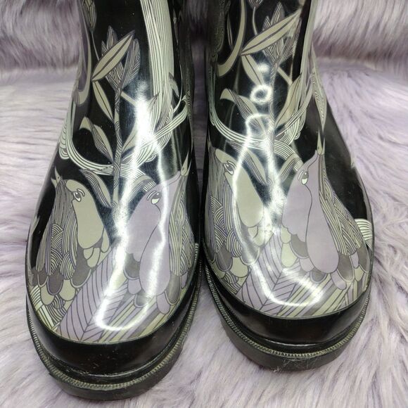 The Sak Tall Rain Boots Size 10 Black Purple Grey Bird Flowers Peace Happy Free - Picture 4 of 8